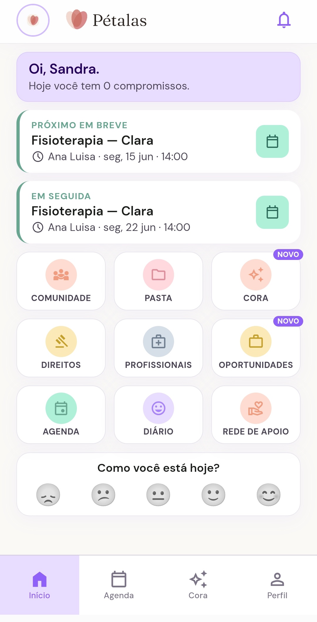 Tela inicial do app Pétalas