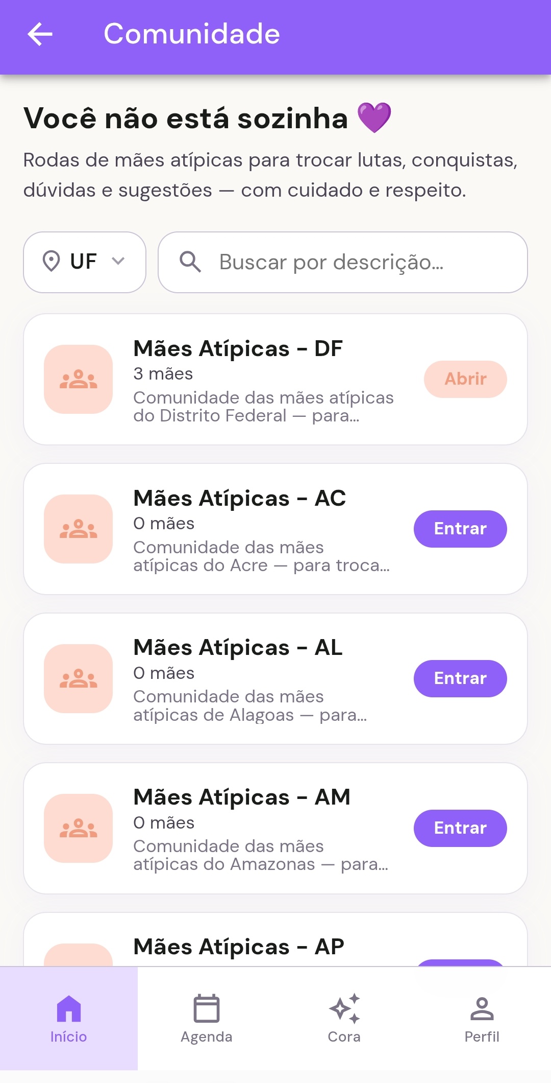 Comunidade de mães atípicas no app Pétalas