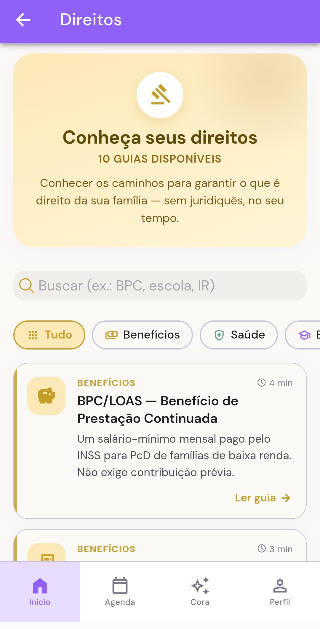 Guia de direitos no app Pétalas